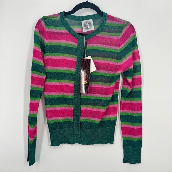 NWT Happy Sheep Christmas Ugly Sweater Glitter Metallic Striped Light Cardigan M - Picture 2 of 8